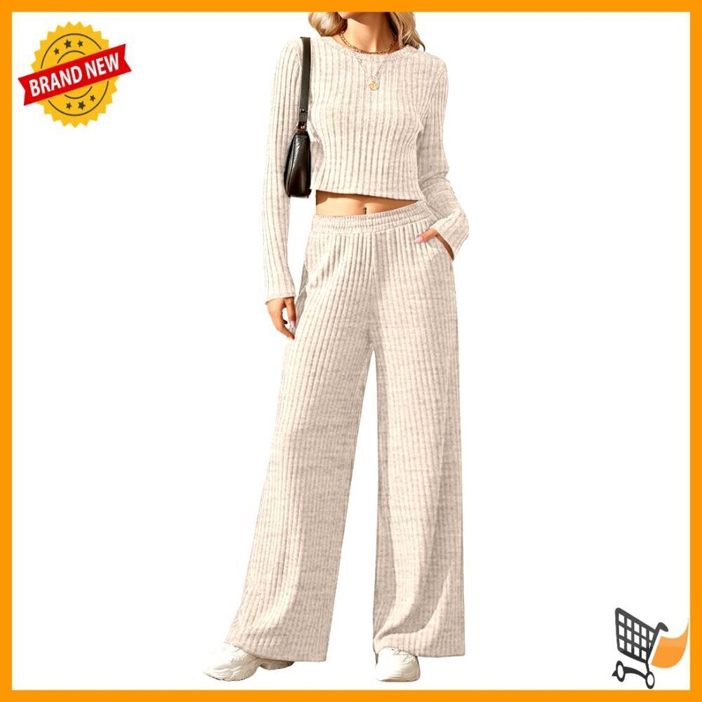 Ribbed Long Sleeve Crop Top Wide Leg Pants Lounge Set Casual Matching Two Piece